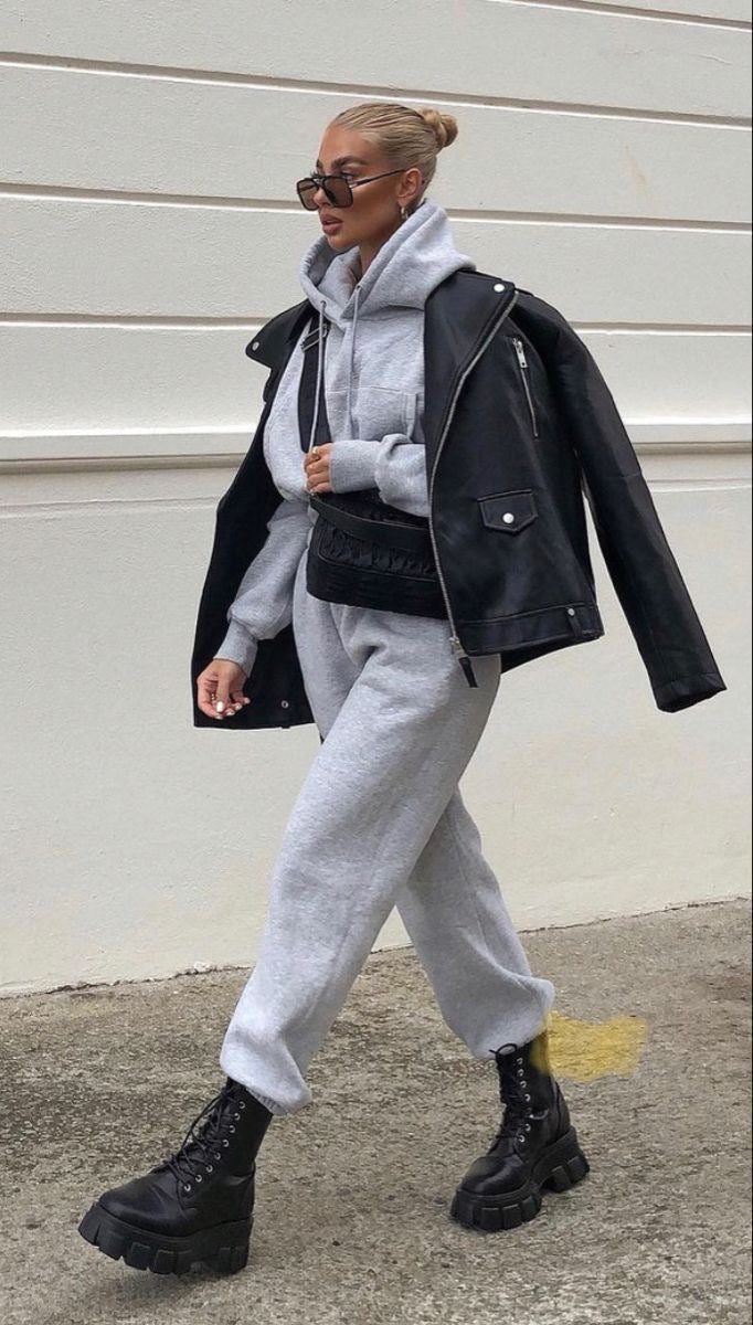 A chic loungewear look with leather jacket